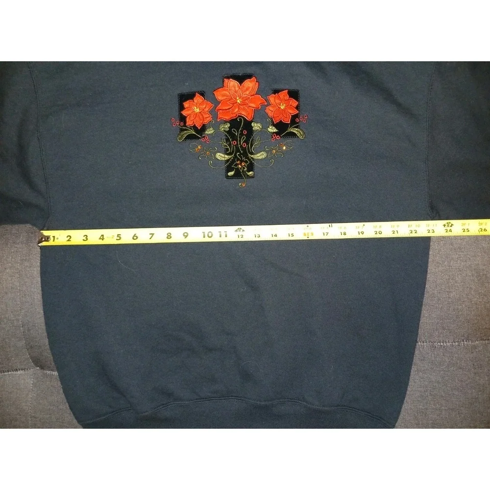 Vintage Jerzees Womens Large Christmas Sweatshirt Poinsettia Embroidered Appliqu